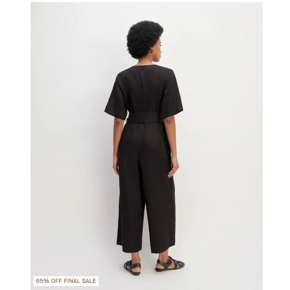 Everlane The Wrap Jumpsuit in Linen Black Short Sleeve Wide Leg Womens 8